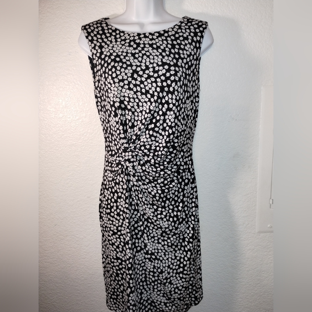 DKNY Dress Black White Print sz 6 Ruching Waist S/L